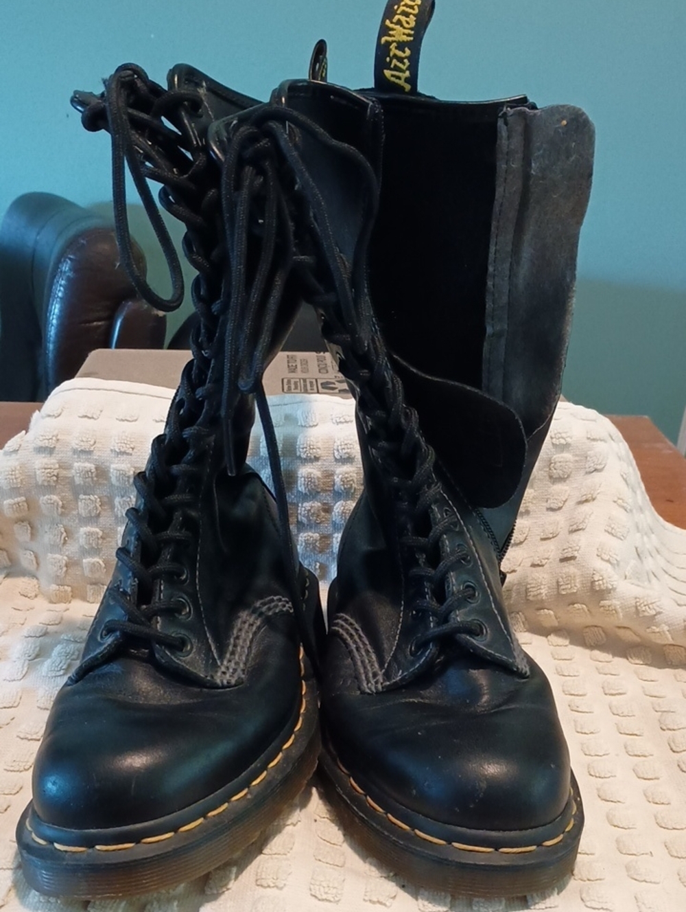 Dr. Martens Black Lace-Up Women's Combat Boots with Yellow Stitching, Zip Side